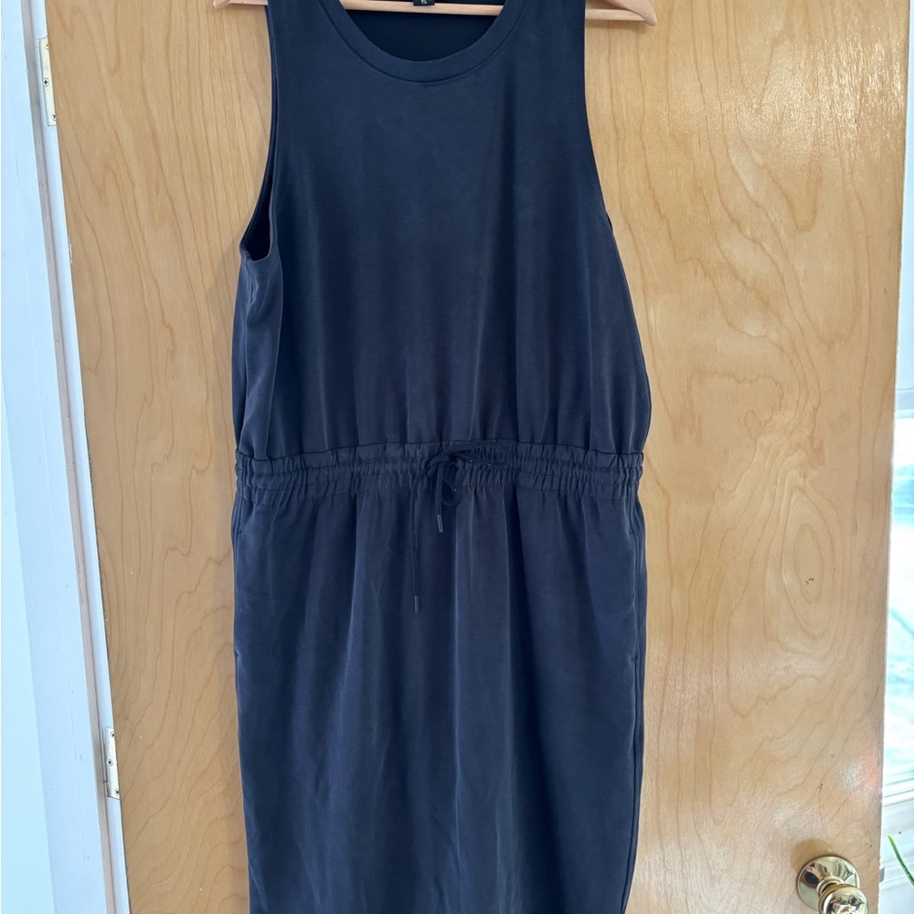 Athleta Black Sleeveless Midi Dress Cinch Waist Pockets XL
